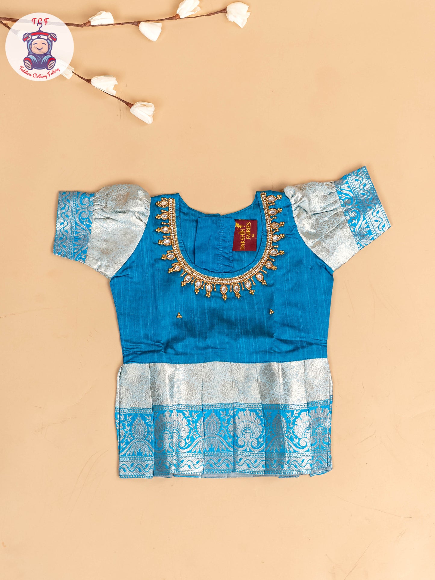 Sky Blue & God - Girls Readymade Pavadai Sattai