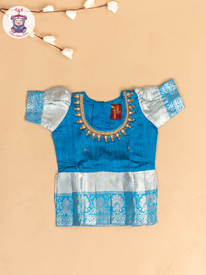 Sky Blue & God - Girls Readymade Pavadai Sattai