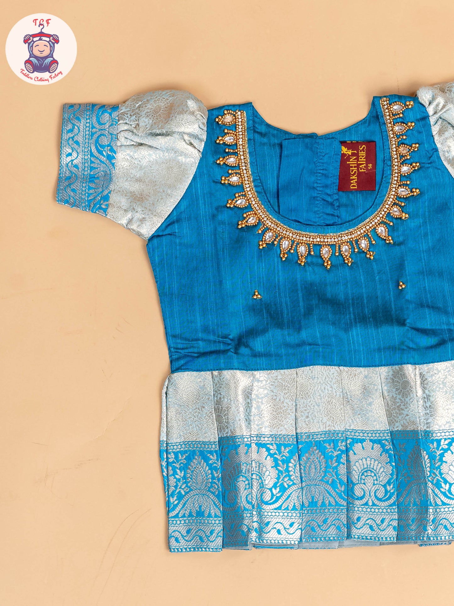Sky Blue & God - Girls Readymade Pavadai Sattai