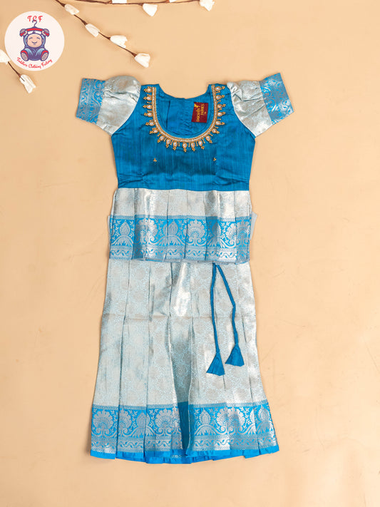 Sky Blue & God - Girls Readymade Pavadai Sattai