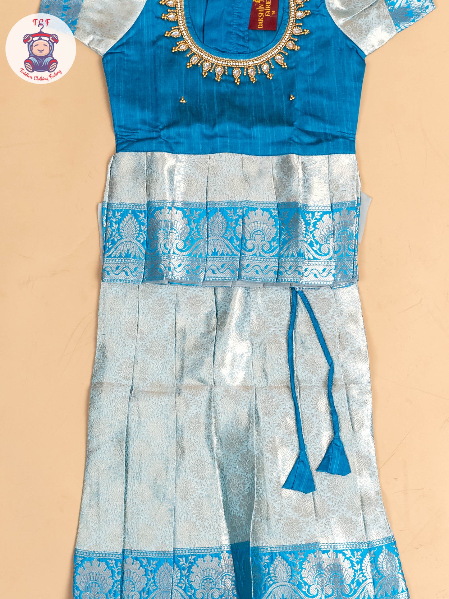 Sky Blue & God - Girls Readymade Pavadai Sattai