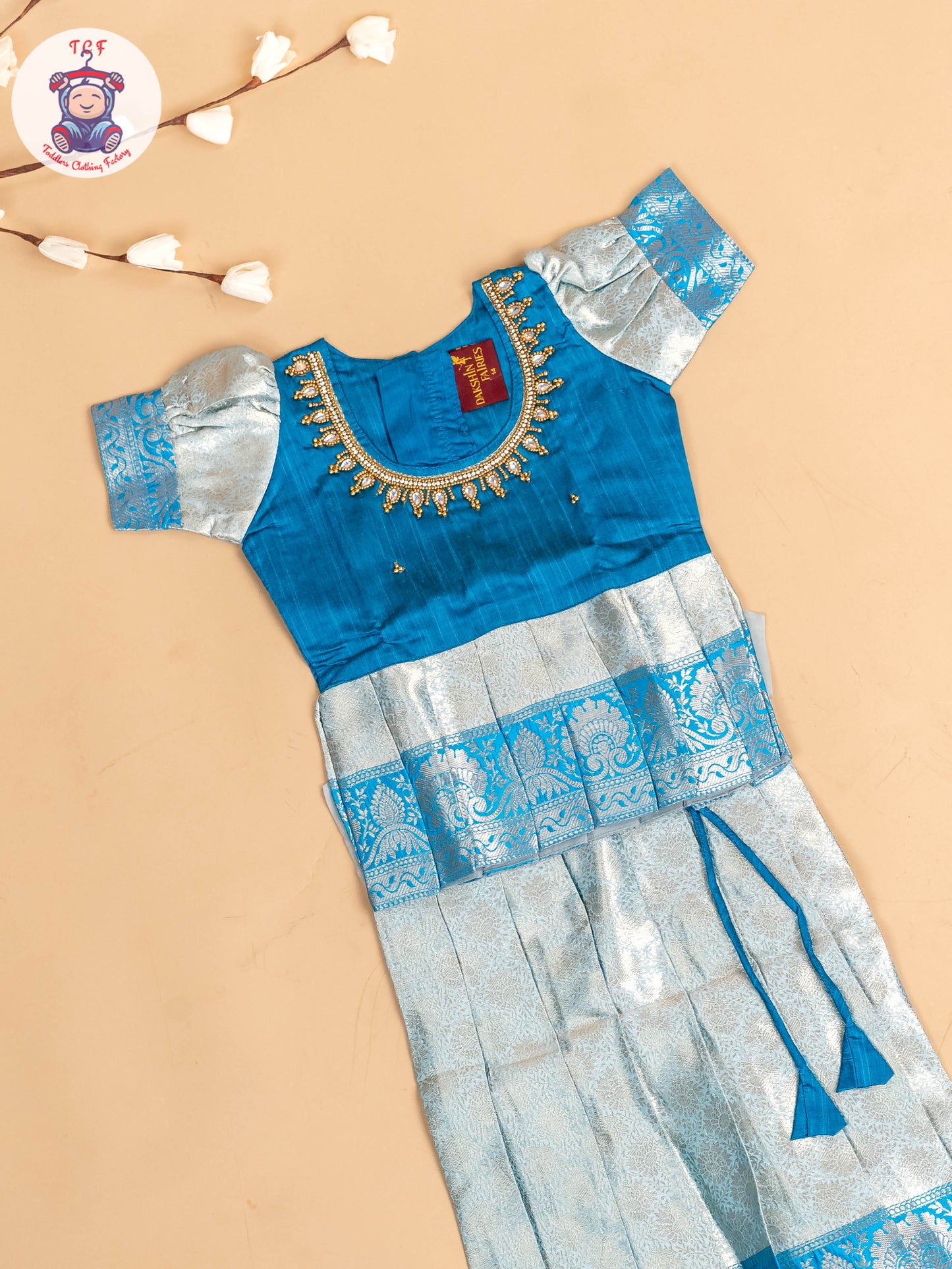 Sky Blue & God - Girls Readymade Pavadai Sattai