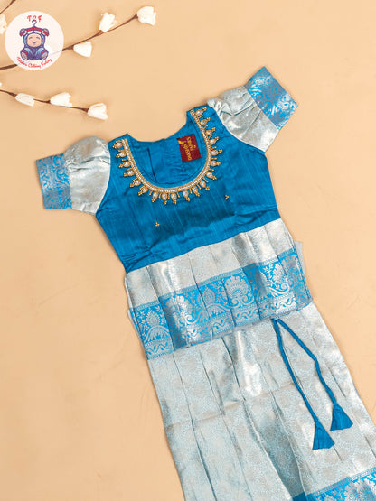 Sky Blue & God - Girls Readymade Pavadai Sattai