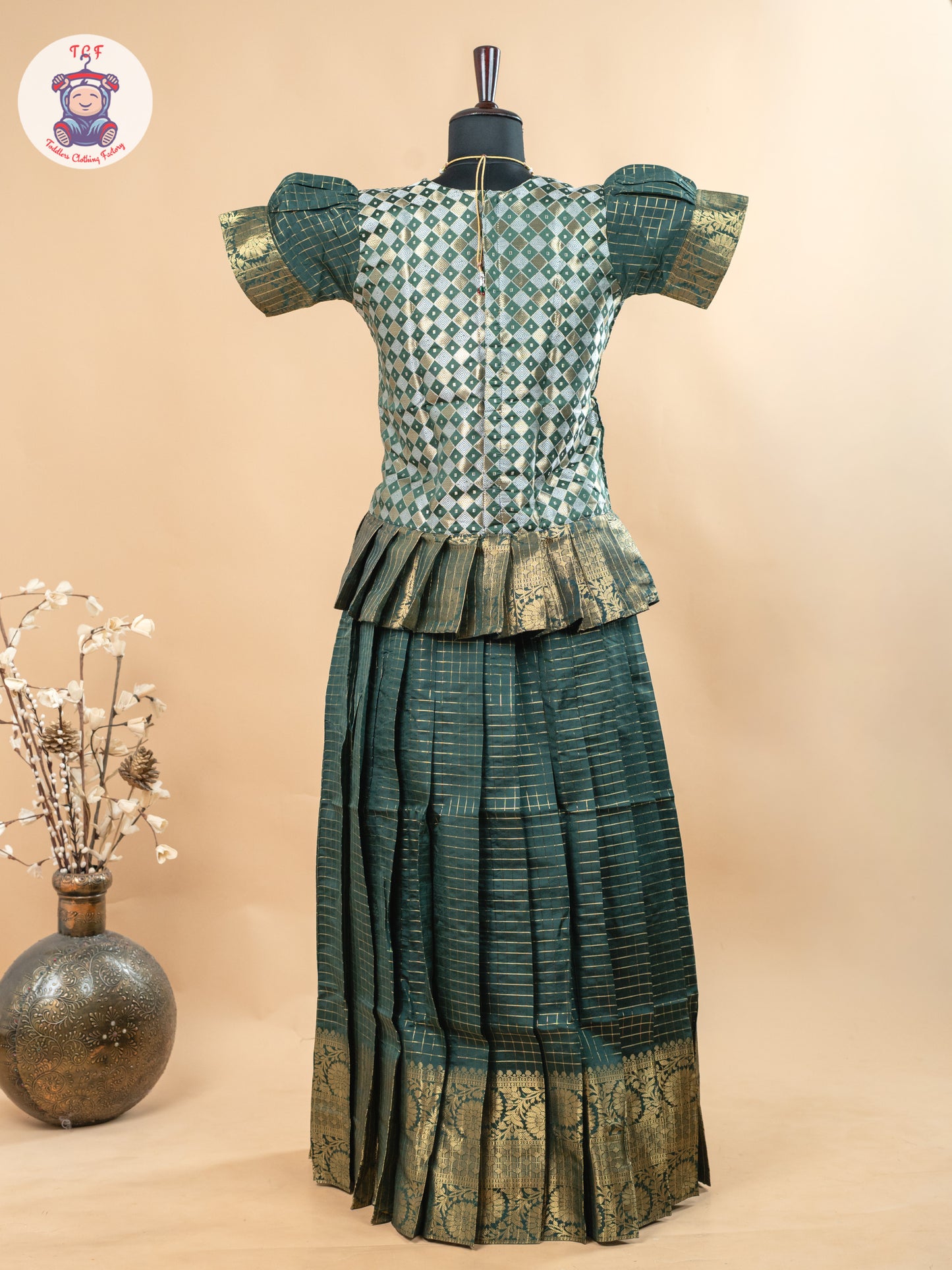 Bottle Green - Girls Readymade Cotton Pavadai Sattai