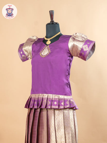 Purple & Copper - Girls Readymade Cotton Pavadai Sattai