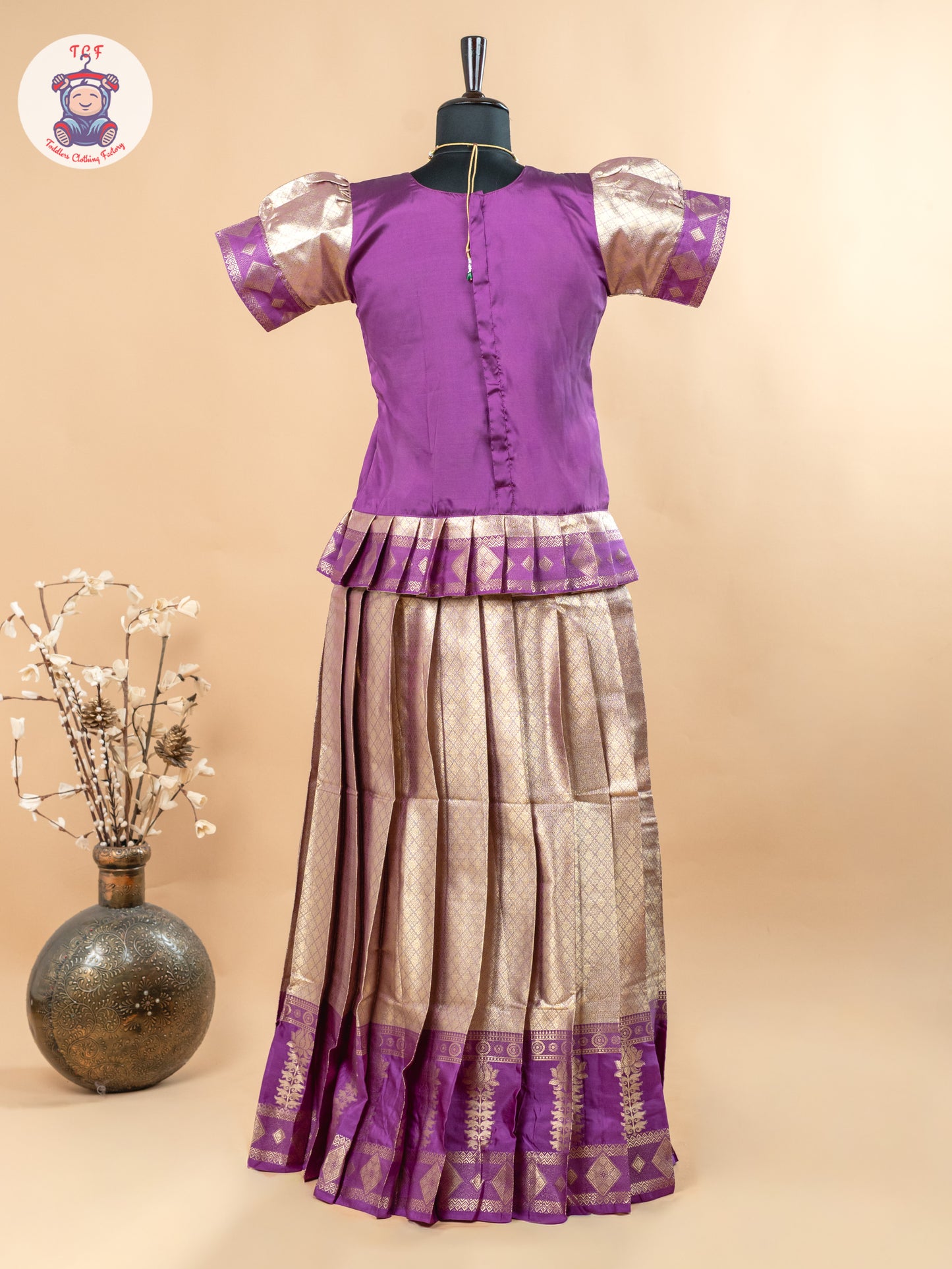 Purple & Copper - Girls Readymade Cotton Pavadai Sattai