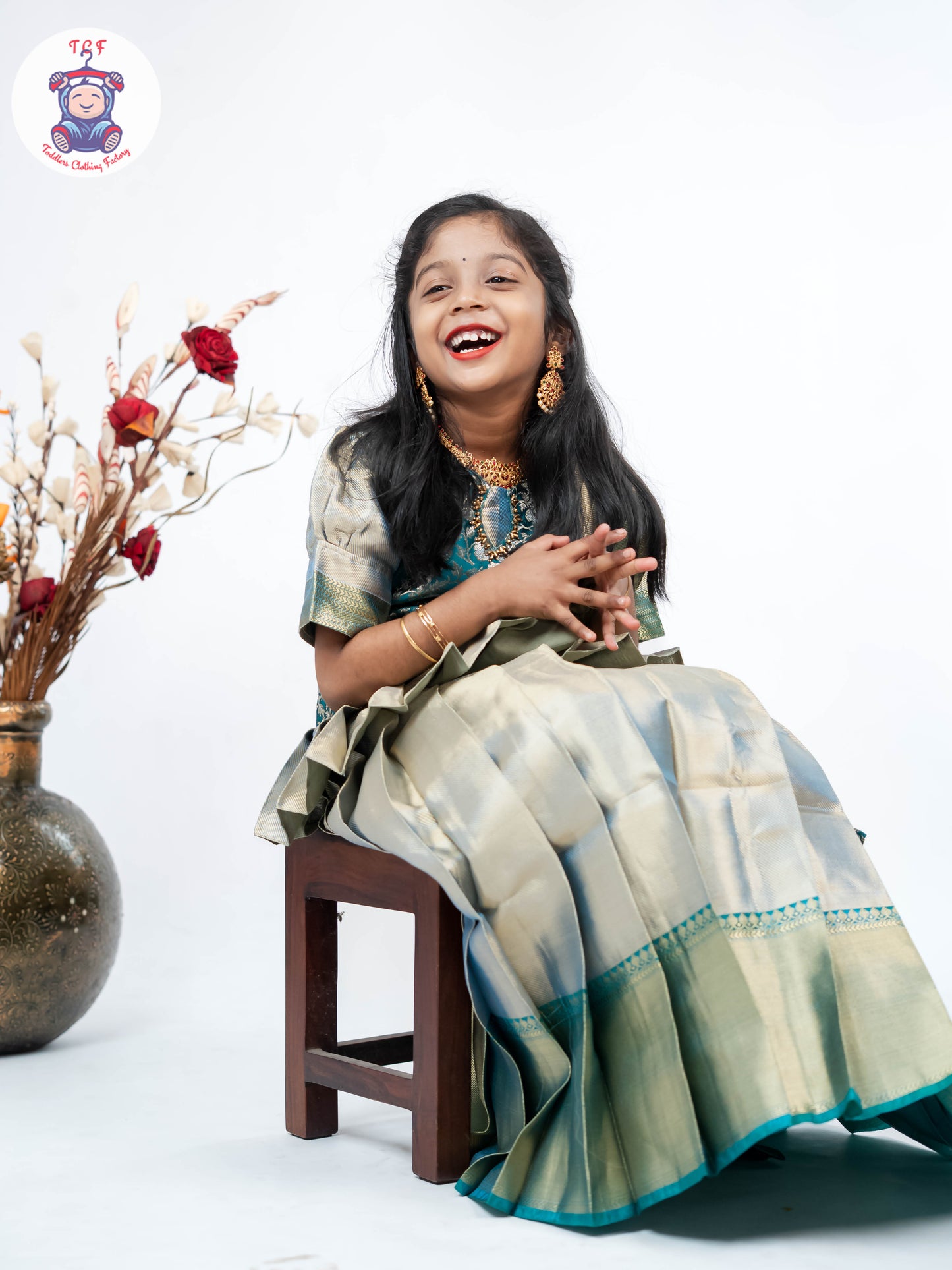 Bottle Green & Light Grey - Girls Readymade Pavadai Sattai With Half Saree