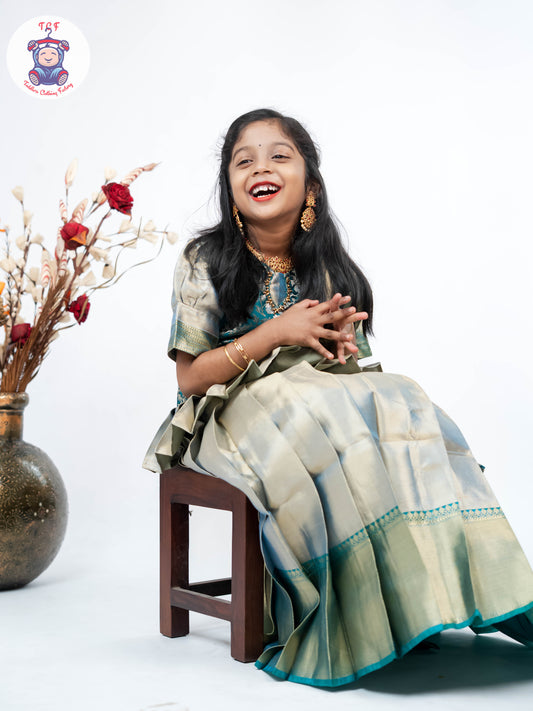 Bottle Green & Light Grey - Girls Readymade Pavadai Sattai With Half Saree