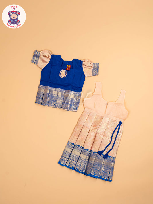 Royal Blue & Peach - Two Tone Printed Pavadai Sattai