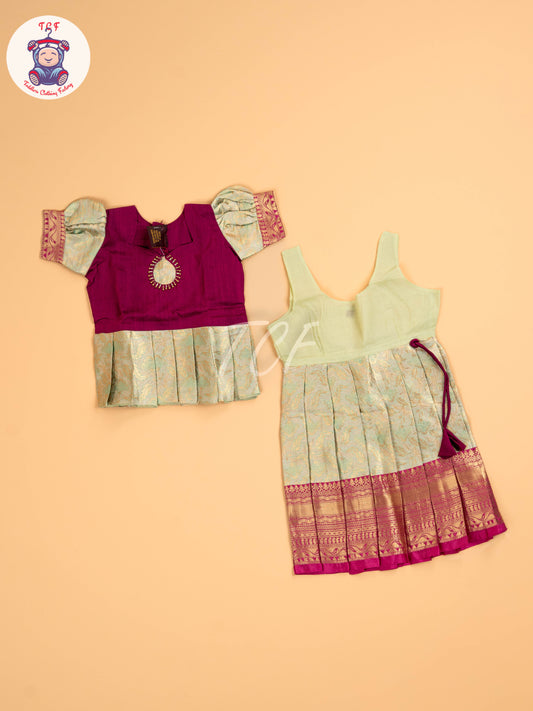 Majentha & Light Green - Two Tone Printed Pavadai Sattai