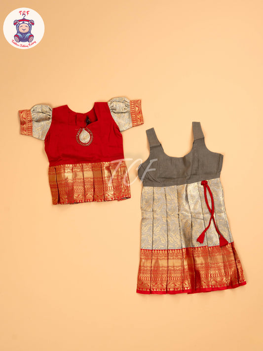 Red & Grey - Two Tone Printed Pavadai Sattai