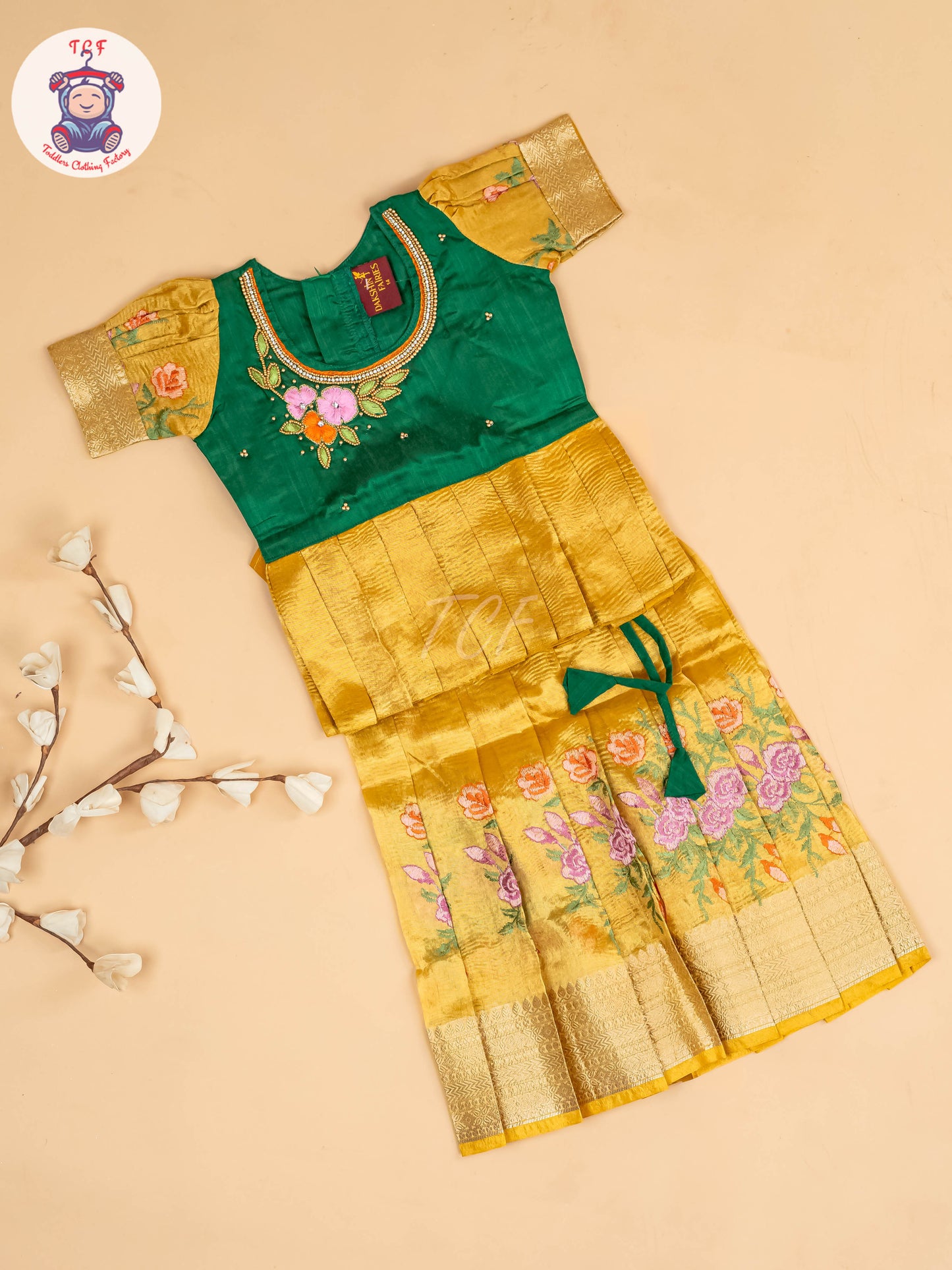 Green & Yellow- Girls Readymade Pavadai Sattai