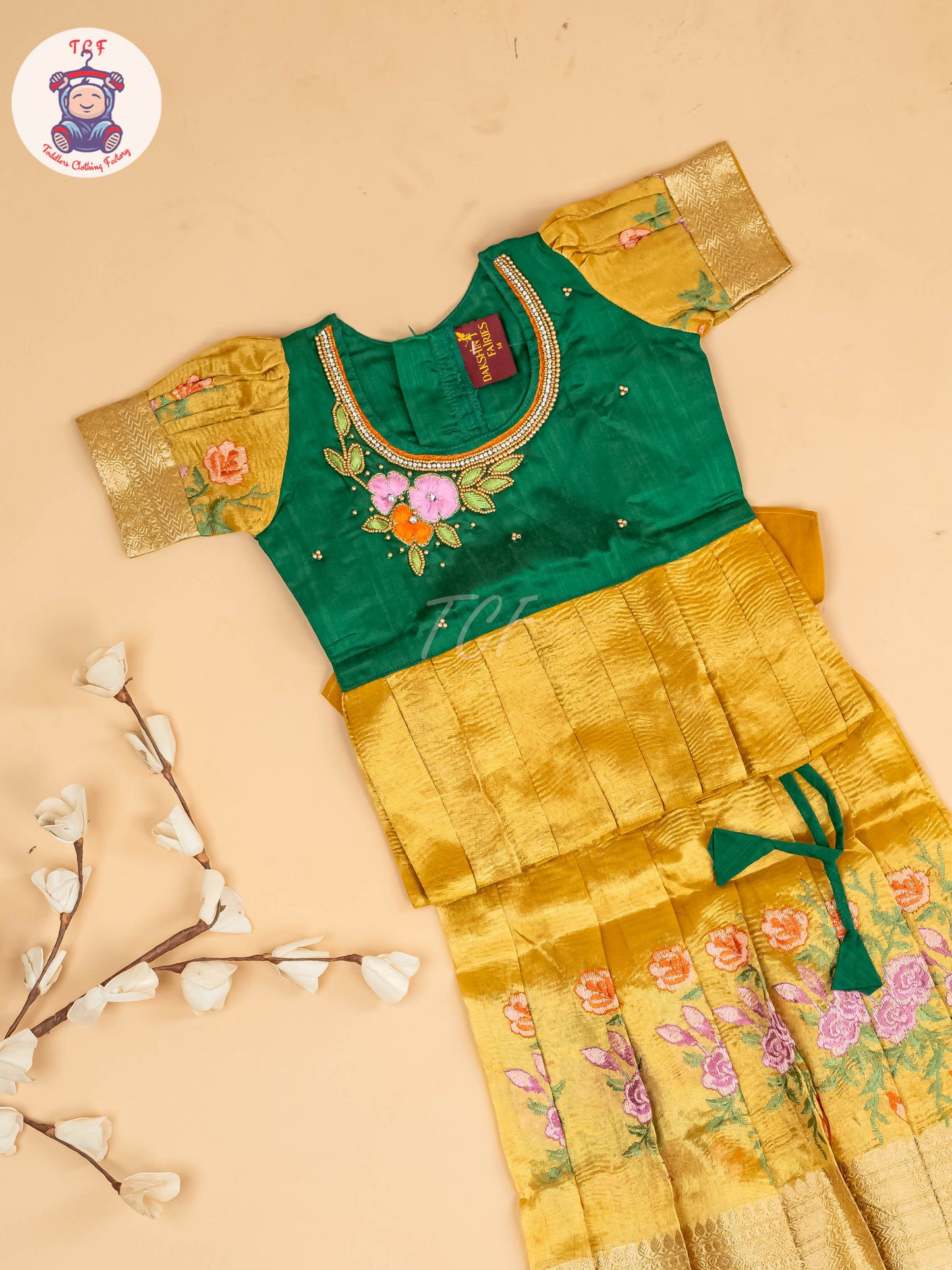 Green & Yellow- Girls Readymade Pavadai Sattai