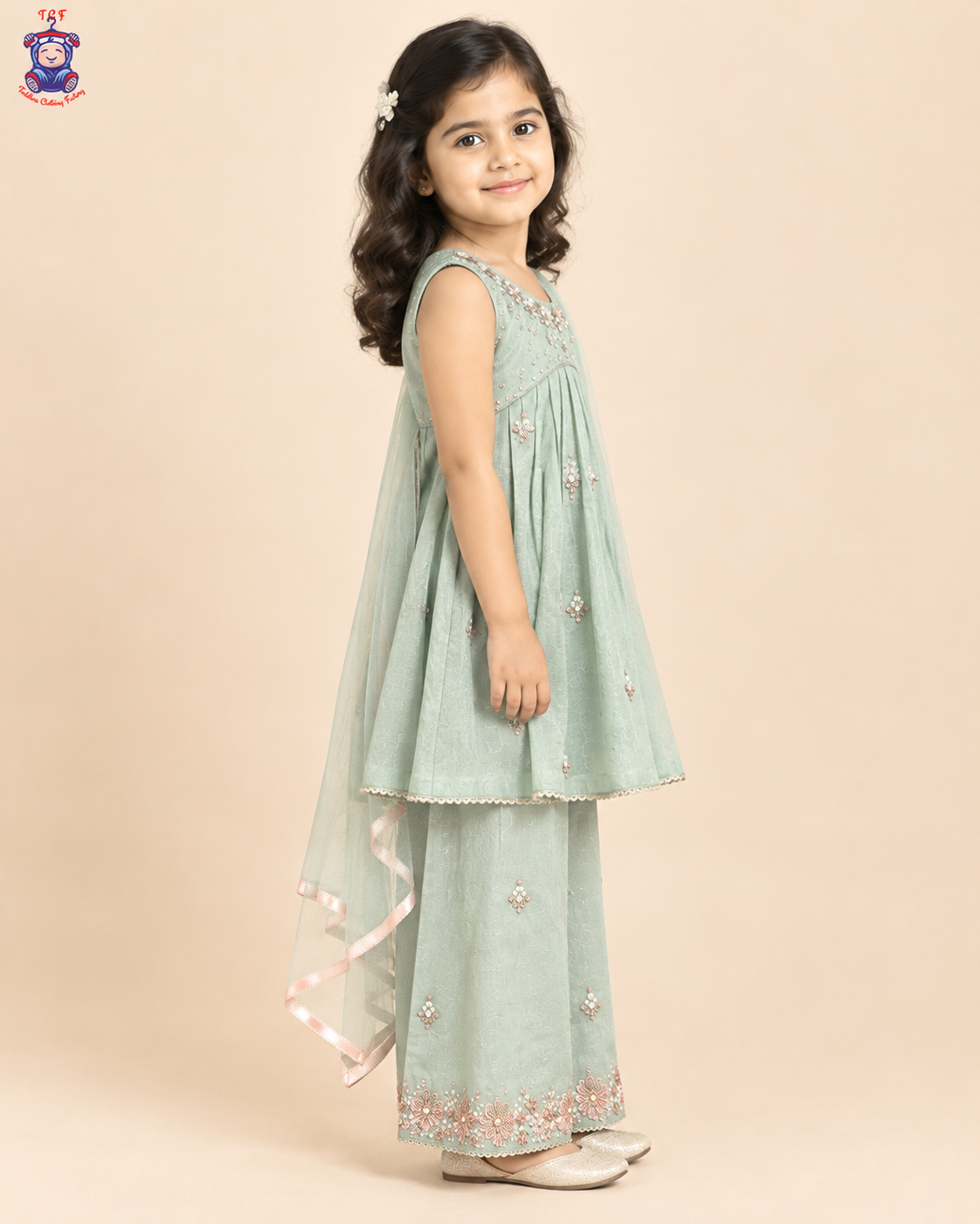 Mint Blossom Elegance – Girls’ Embroidered Palazzo Set