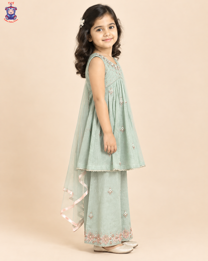 Mint Blossom Elegance – Girls’ Embroidered Palazzo Set