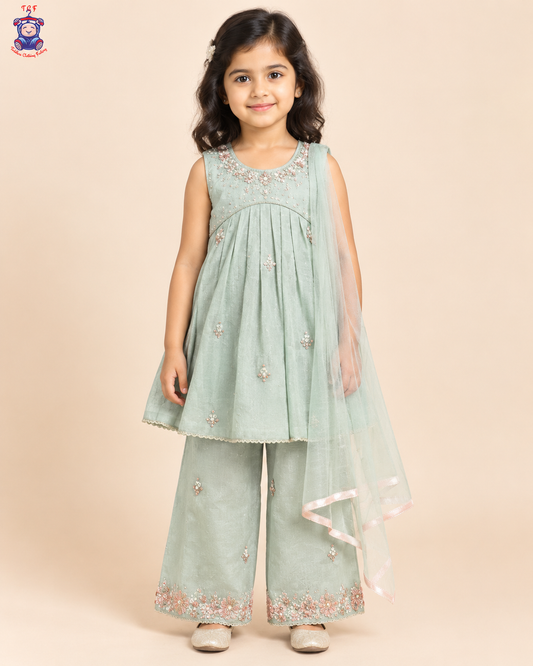 Mint Blossom Elegance – Girls’ Embroidered Palazzo Set