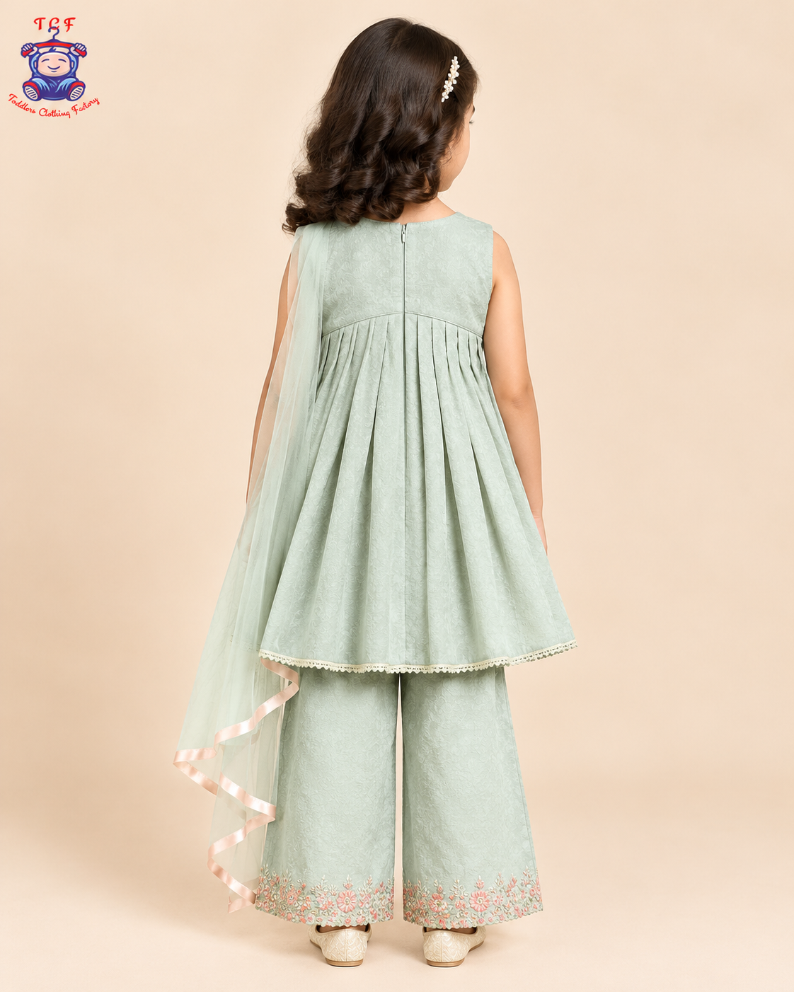 Mint Blossom Elegance – Girls’ Embroidered Palazzo Set
