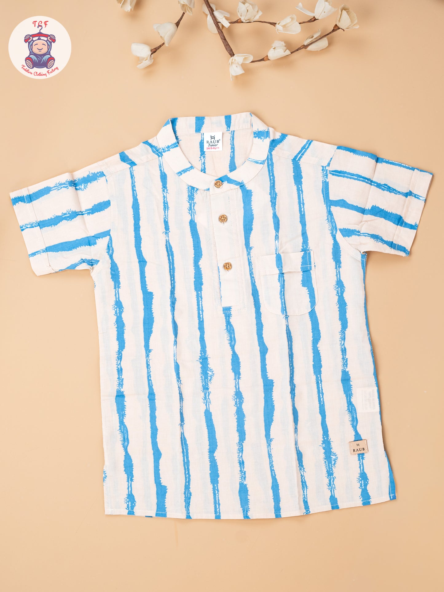 Beige & Blue - Boys Readymade Short Kurta