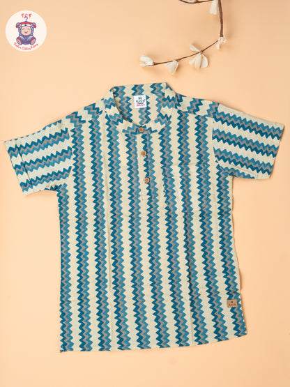 Beige & Blue - Boys Readymade Short Kurta
