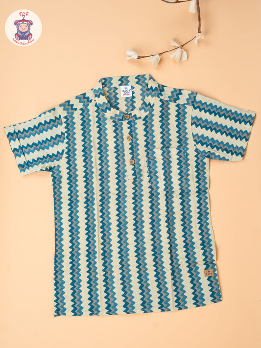 Beige & Blue - Boys Readymade Short Kurta