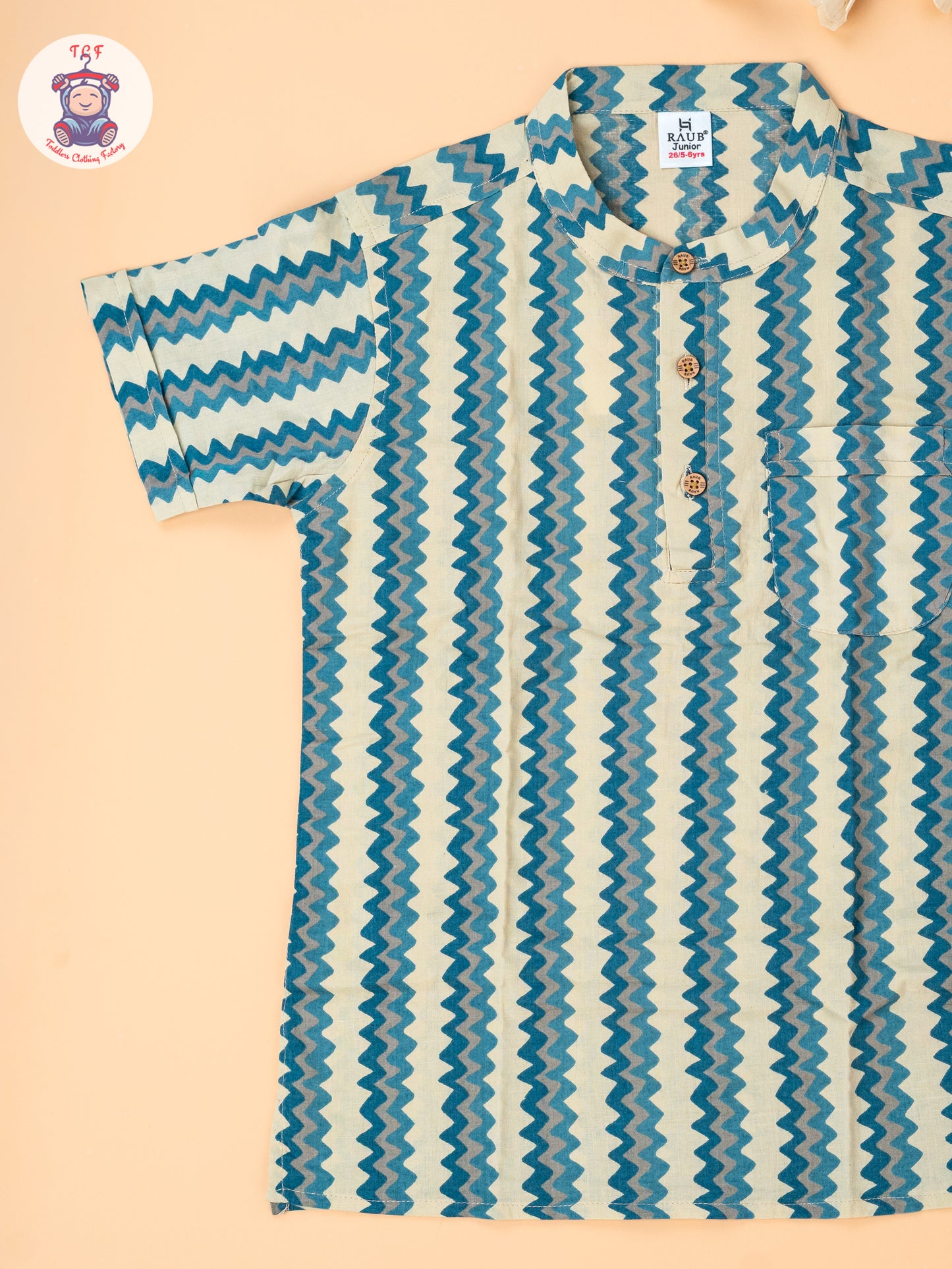 Beige & Blue - Boys Readymade Short Kurta