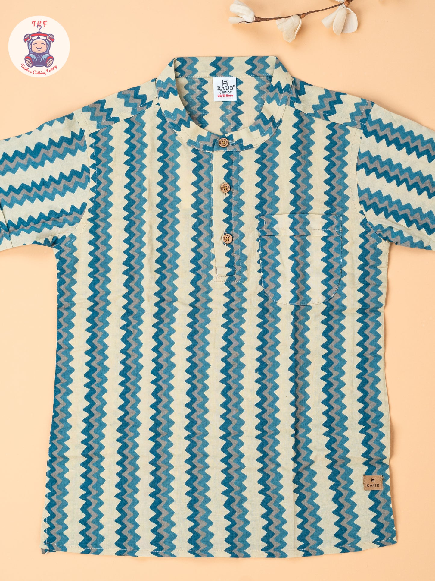 Beige & Blue - Boys Readymade Short Kurta