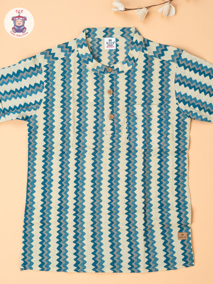 Beige & Blue - Boys Readymade Short Kurta