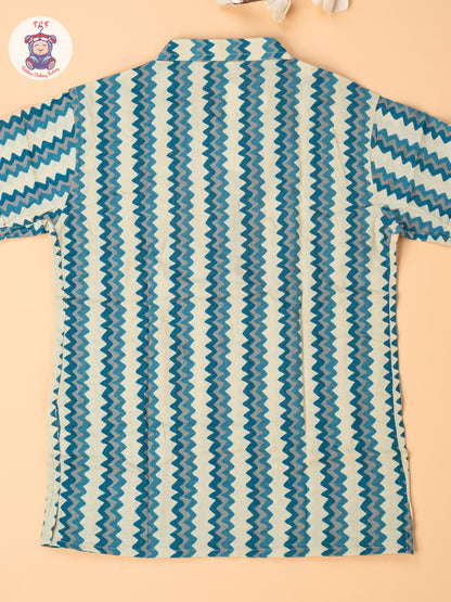 Beige & Blue - Boys Readymade Short Kurta