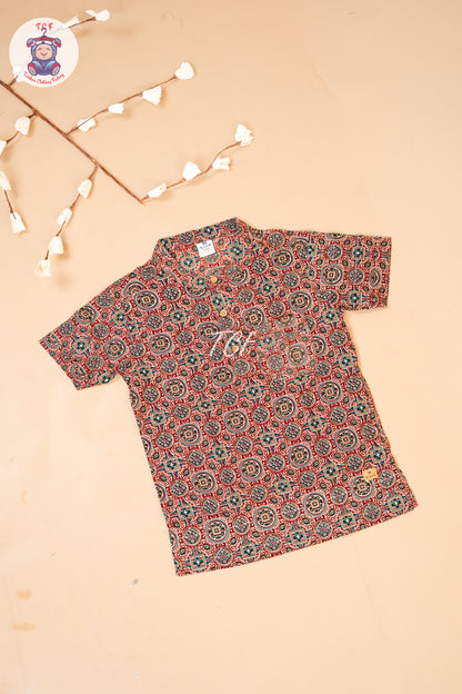 Maroon - Ajrakh Printed Boys Readymade Short Kurta