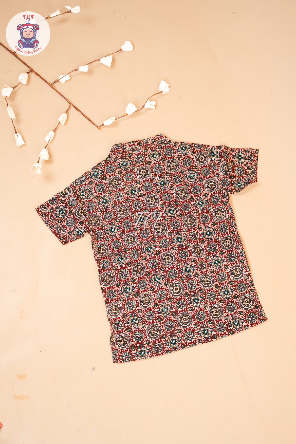 Maroon - Ajrakh Printed Boys Readymade Short Kurta