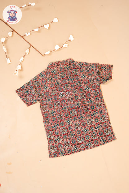 Maroon - Ajrakh Printed Boys Readymade Short Kurta