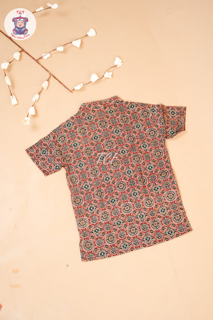 Maroon - Ajrakh Printed Boys Readymade Short Kurta