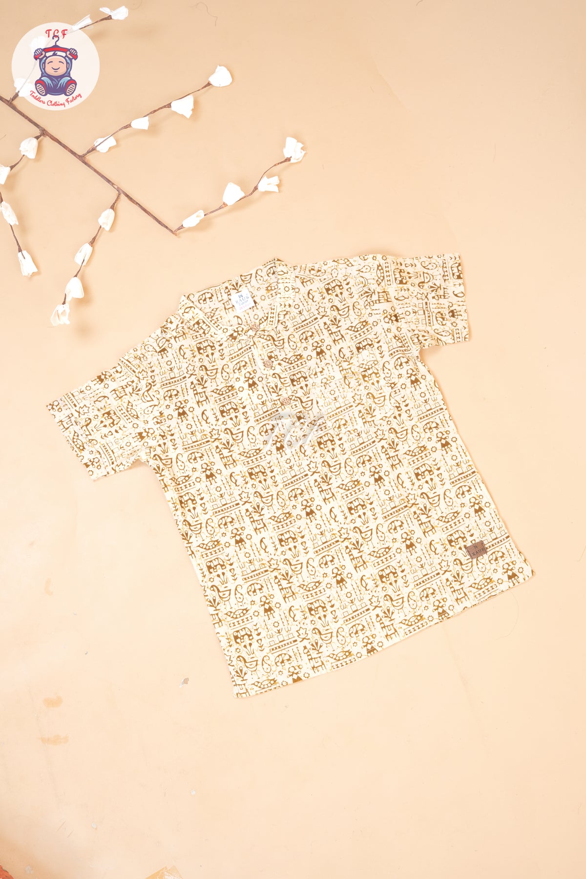 Cream - Ajrakh Printed Boys Readymade Short Kurta