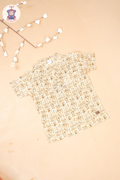 Cream - Ajrakh Printed Boys Readymade Short Kurta