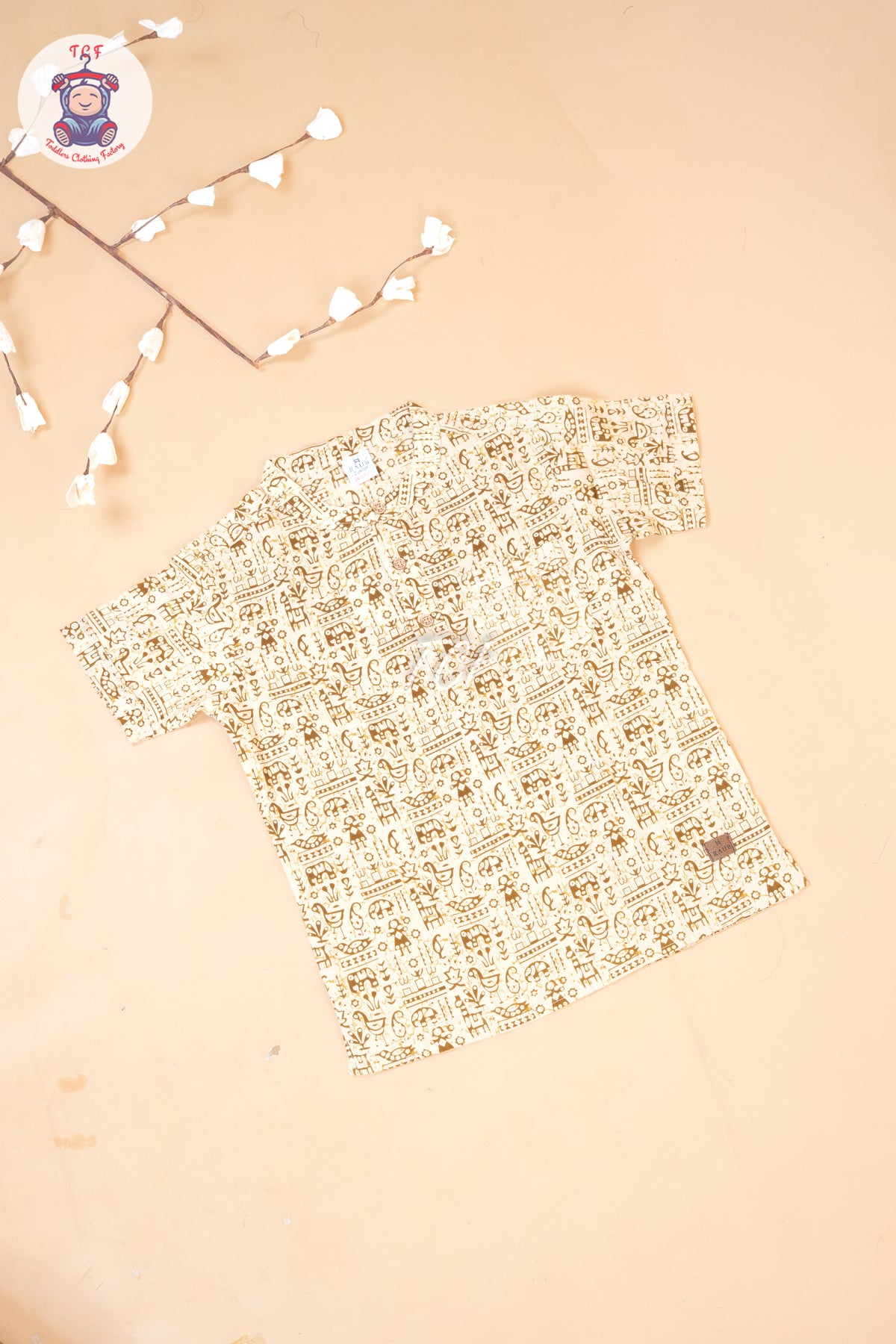 Cream - Ajrakh Printed Boys Readymade Short Kurta