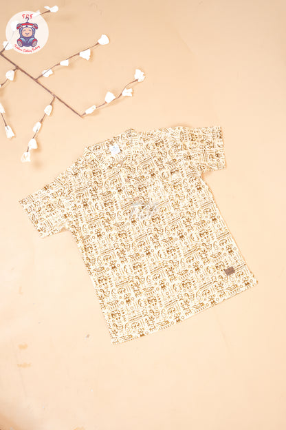 Cream - Ajrakh Printed Boys Readymade Short Kurta