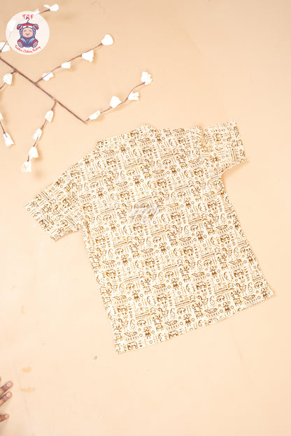 Cream - Ajrakh Printed Boys Readymade Short Kurta