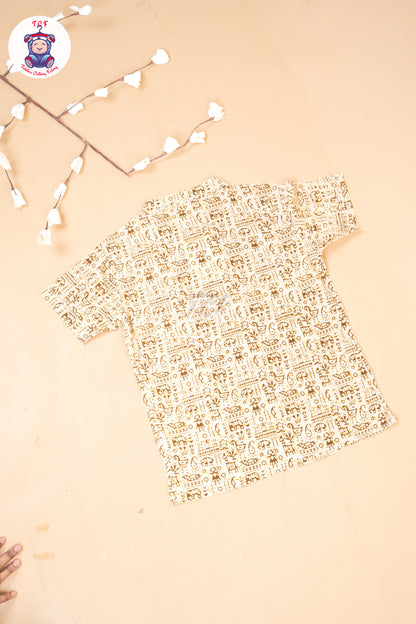 Cream - Ajrakh Printed Boys Readymade Short Kurta