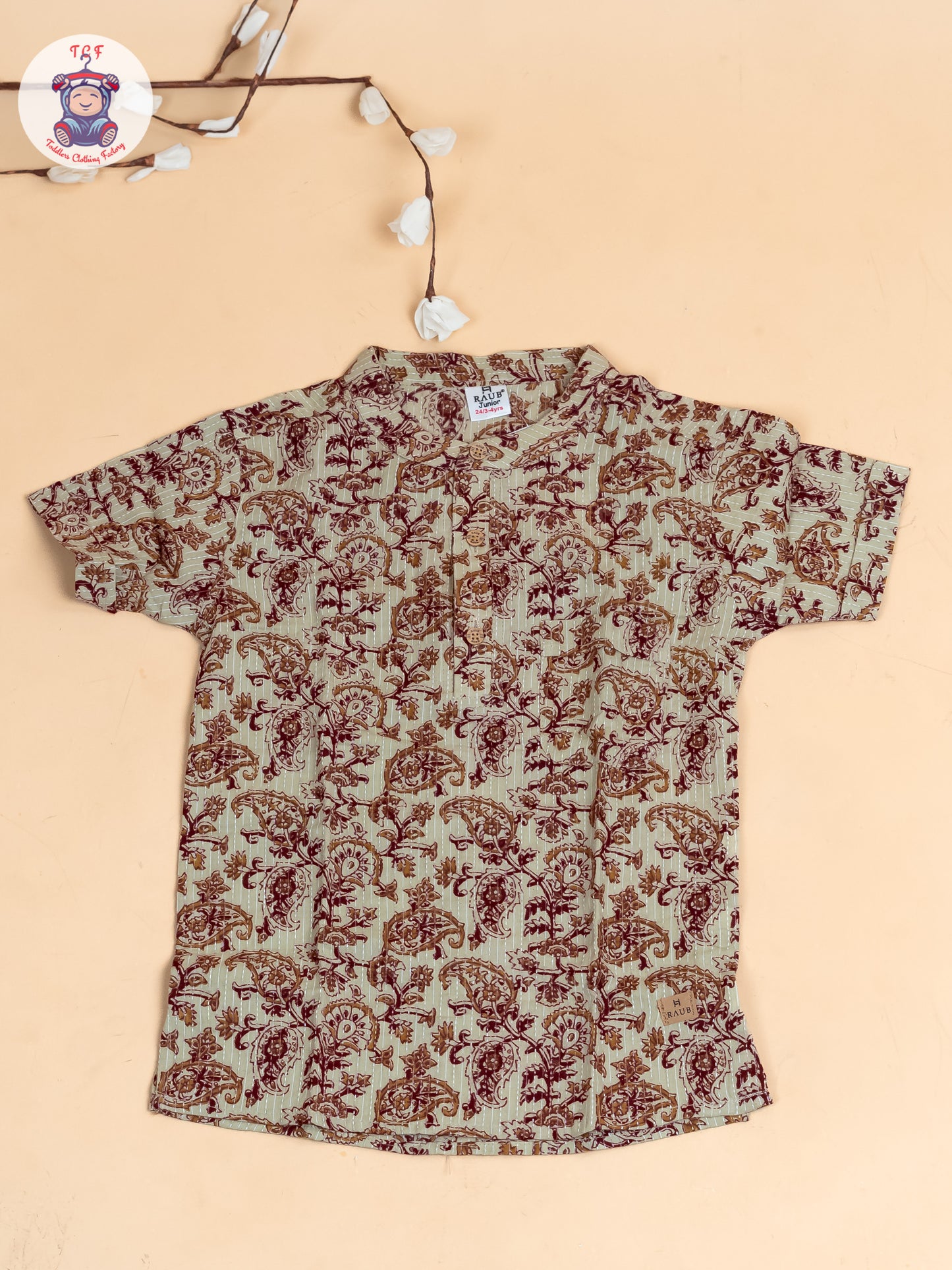 Beige - Boys Floral Printed Short Kurta