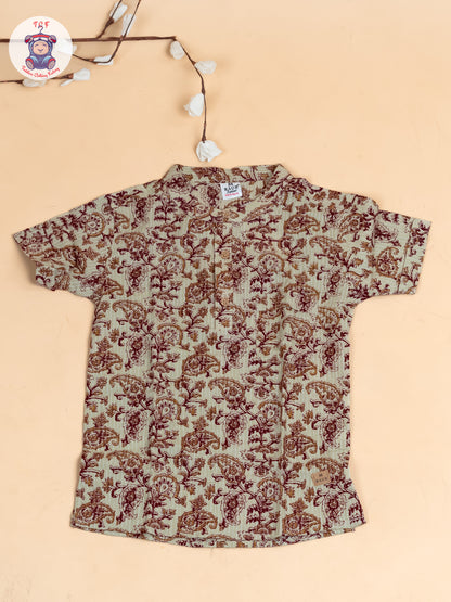 Beige - Boys Floral Printed Short Kurta