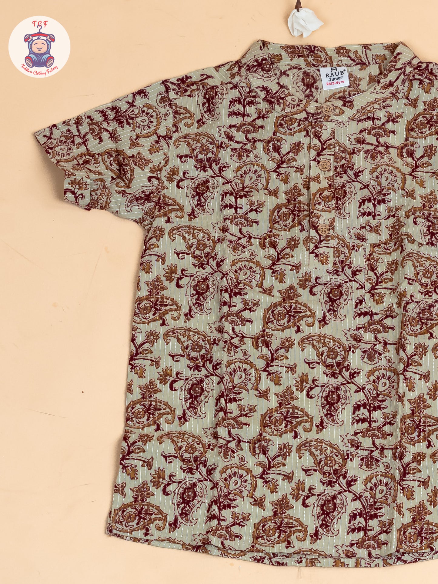 Beige - Boys Floral Printed Short Kurta