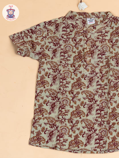 Beige - Boys Floral Printed Short Kurta