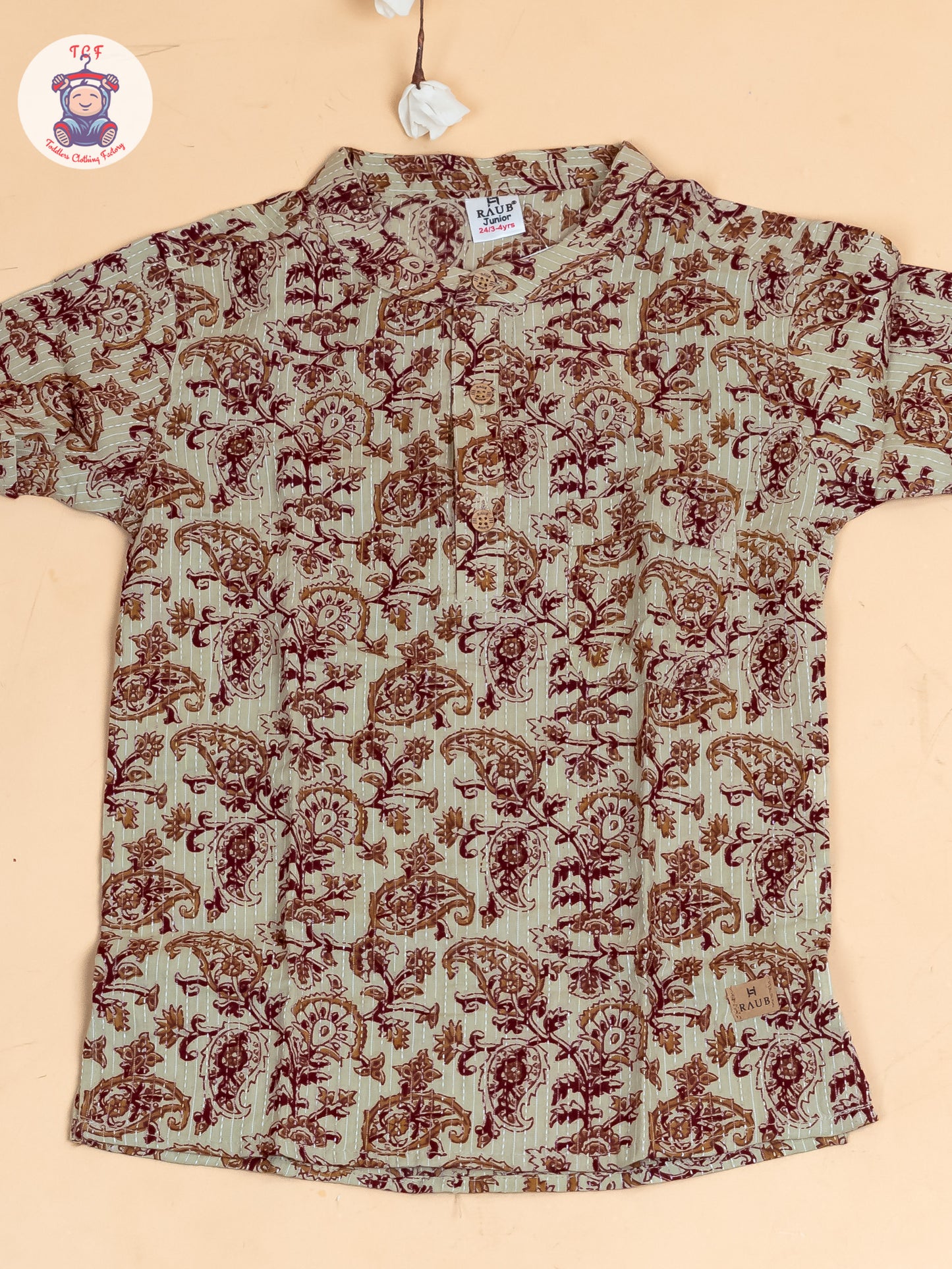 Beige - Boys Floral Printed Short Kurta