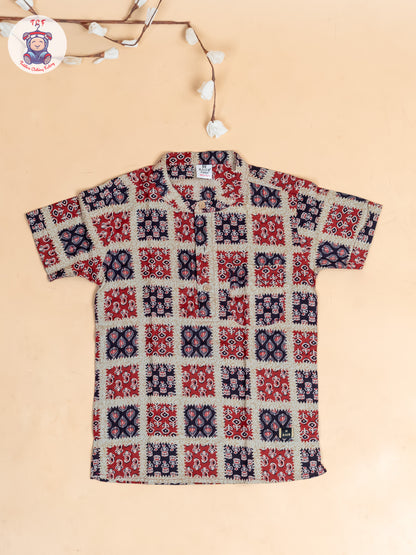 Red & Black - Boys Printed Short Kurta