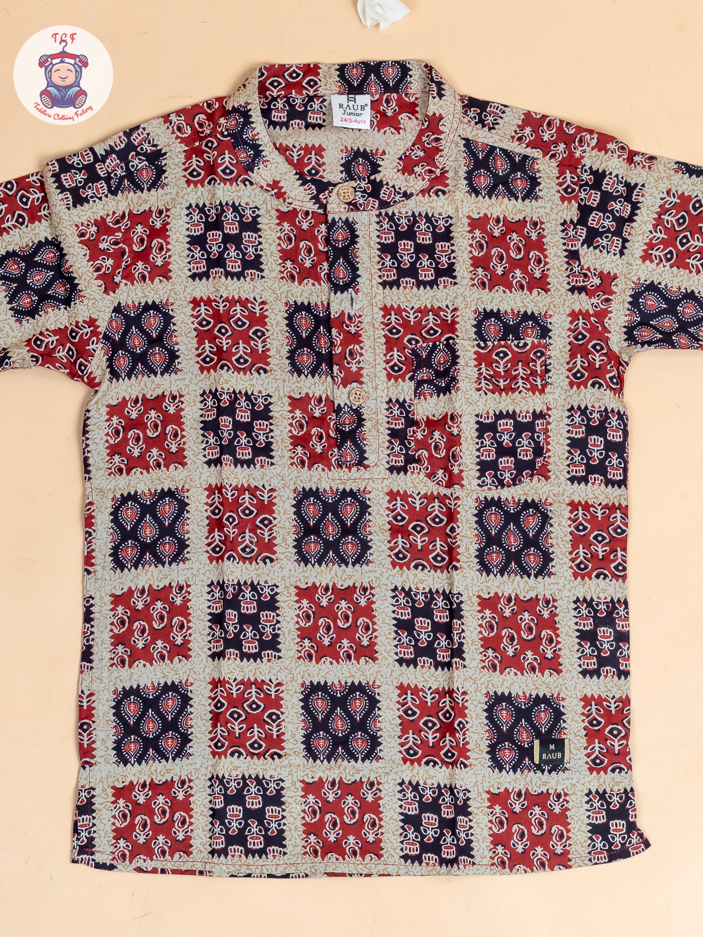 Red & Black - Boys Printed Short Kurta