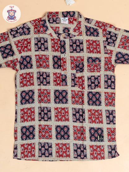 Red & Black - Boys Printed Short Kurta