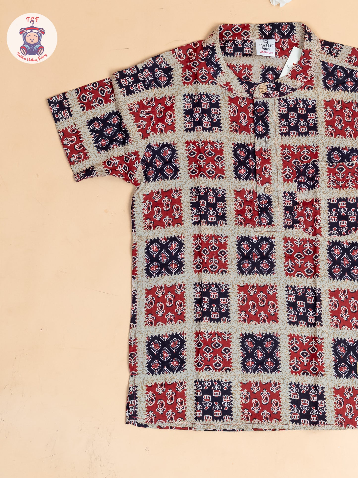 Red & Black - Boys Printed Short Kurta