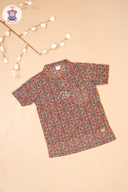 Maroon - Ajrakh Printed Boys Readymade Short Kurta