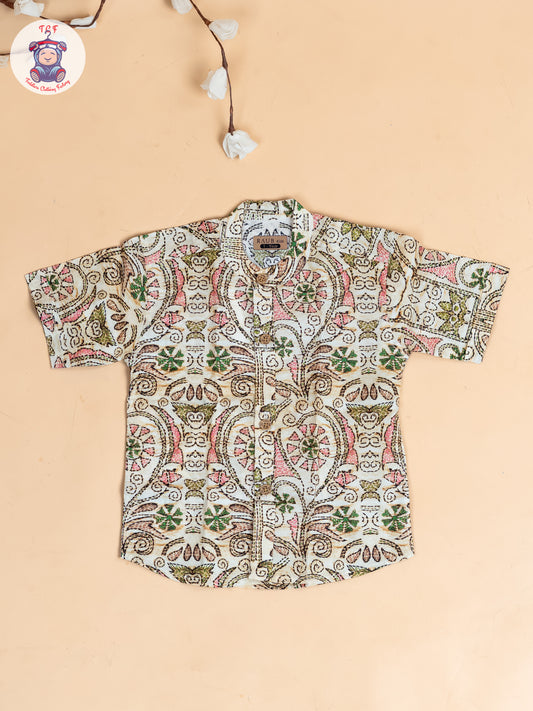 Beige - Boys Floral Printed S Cotton Shirt