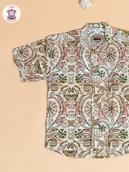 Beige - Boys Floral Printed S Cotton Shirt